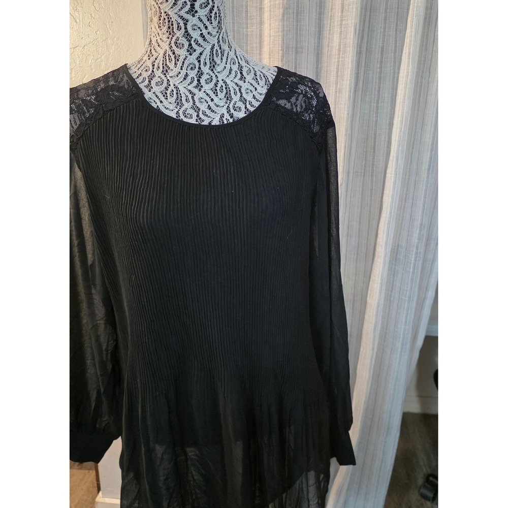 City Chic Pleated Chiffon Tunic Blouse Womens 18 Black Lace Sheer Long Sleeve